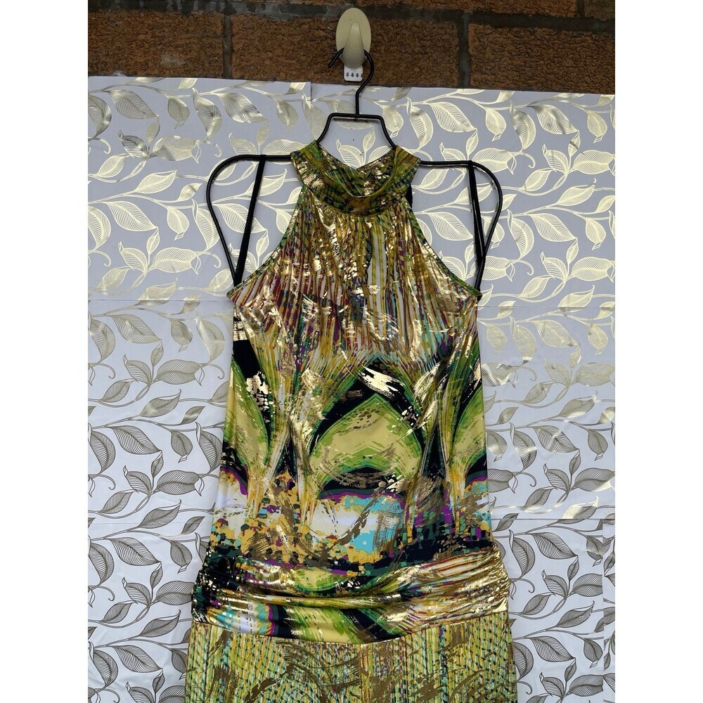 VavaVoom Gold Metallic Halter Jumpsuit Green Y2K Cyber Glam Wide Leg Open Back M - Picture 4 of 11